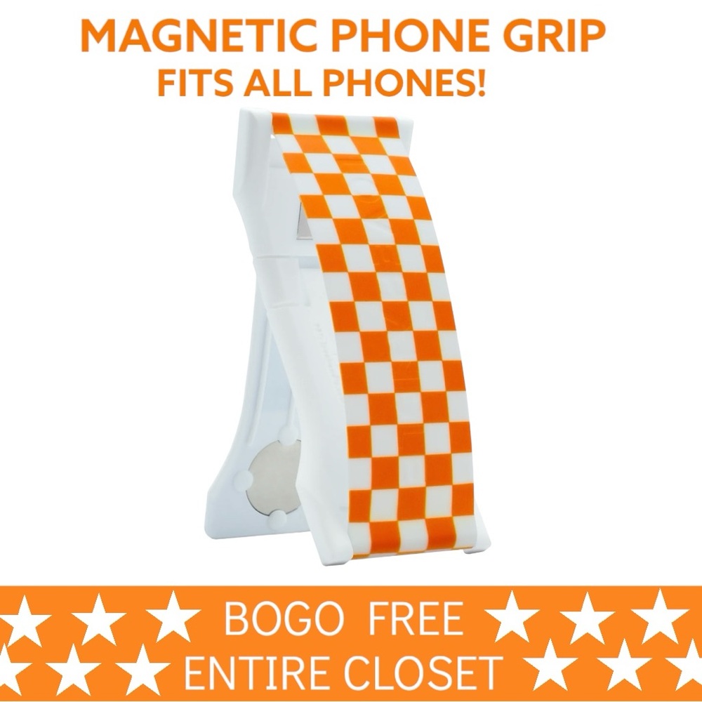 LoveHandle PRO Universal Magnetic Phone Grip Kickstand Orange White Checkerboard